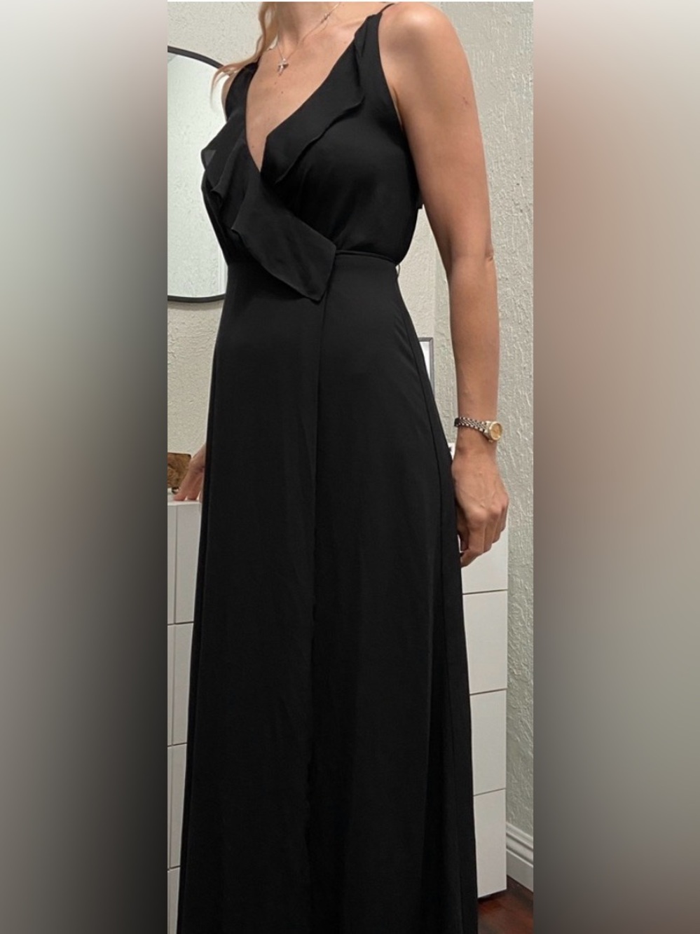 Wayf Black Wide-Leg Wrap Jumpsuit with Ruffle V-Neck